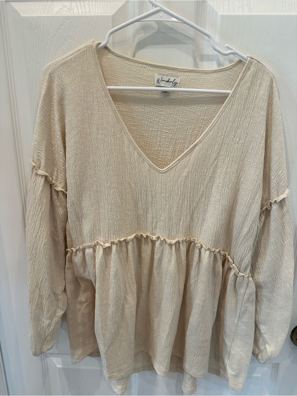 Wonderly Beige V-Neck Peplum Long-Sleeve Blouse